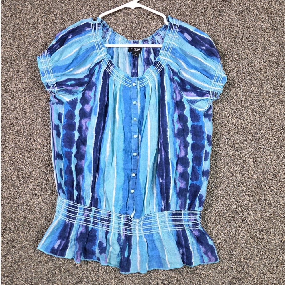 Nine West Jeans Blouse Womens Large Blue Tie Dye Stripe Smocked Peplum Top